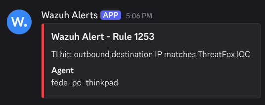 Wazuh ThreatFox Discord Alert Example