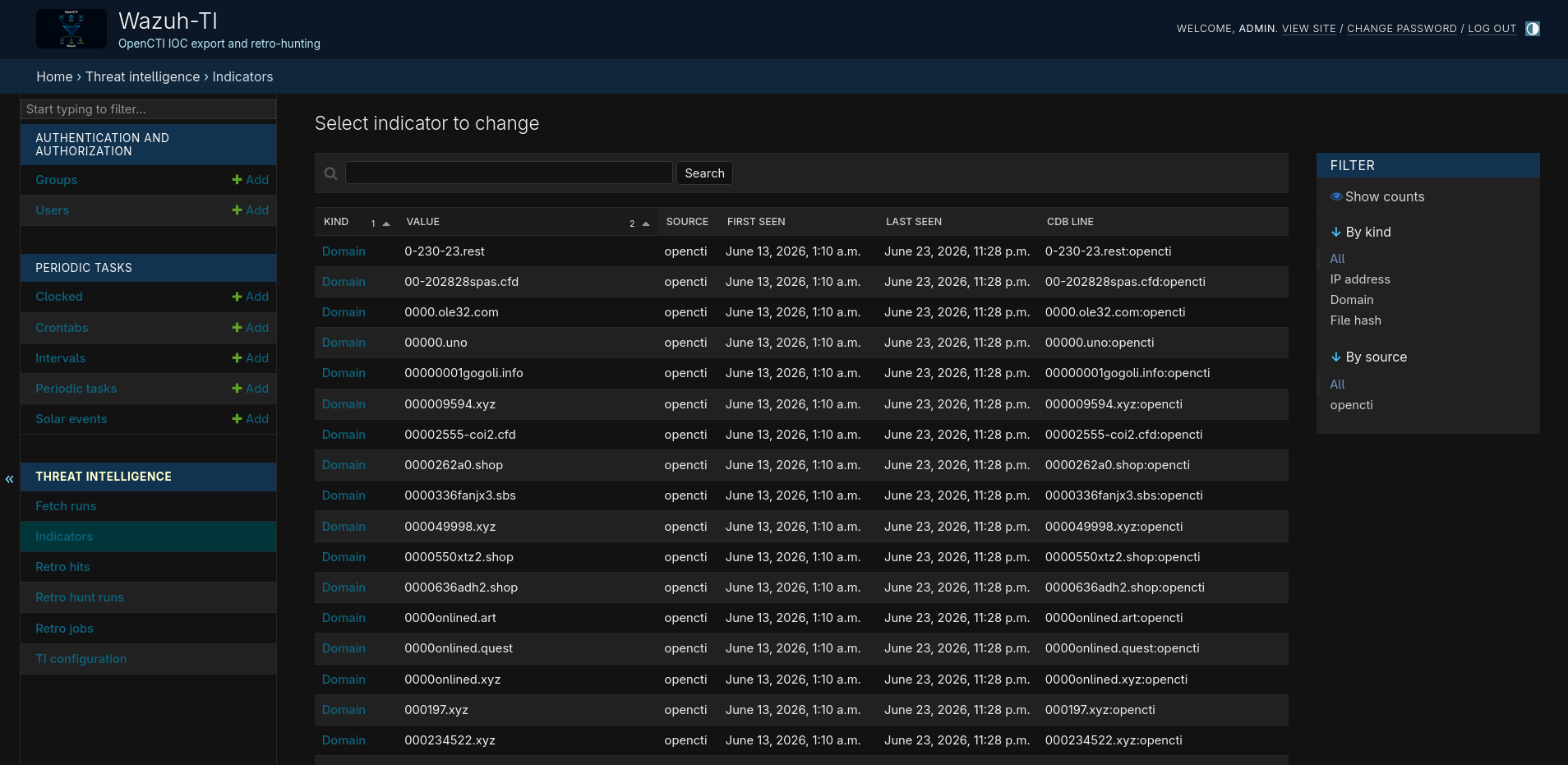 Django admin: Indicator table showing the current OpenCTI snapshot with kind, value, source, and last_seen fields