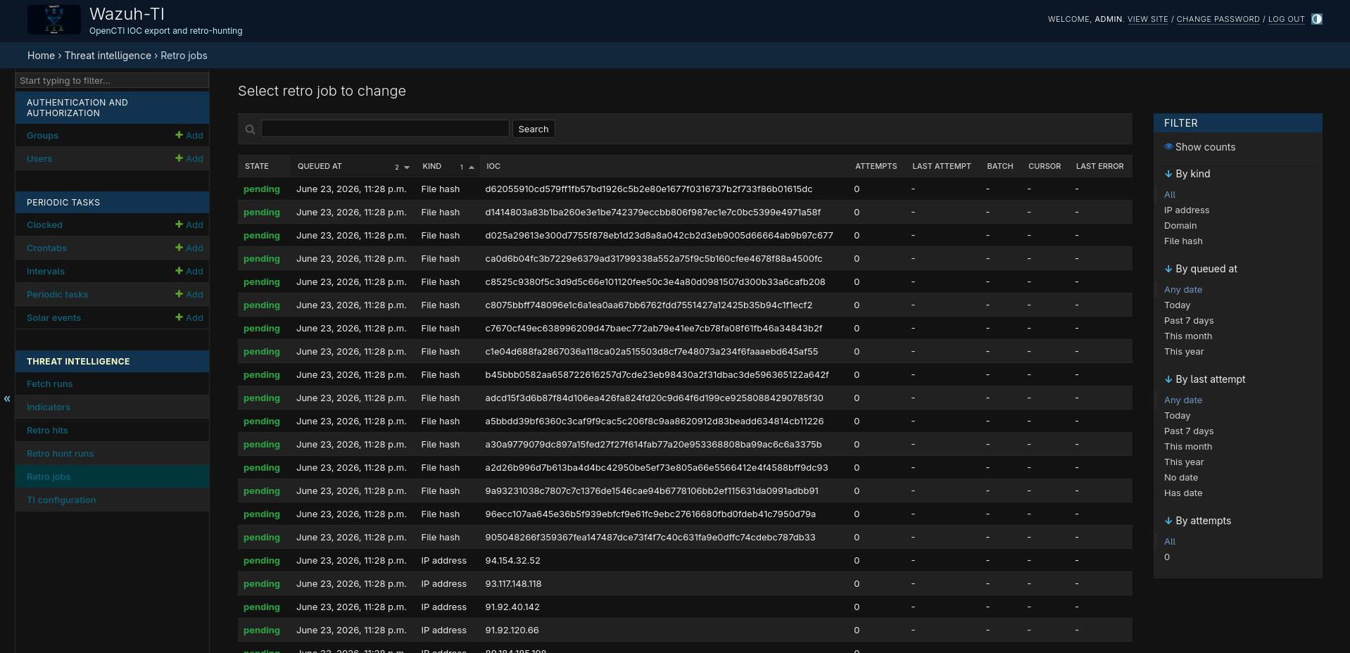 Django admin: RetroJob queue showing pending IOC searches with lookback window