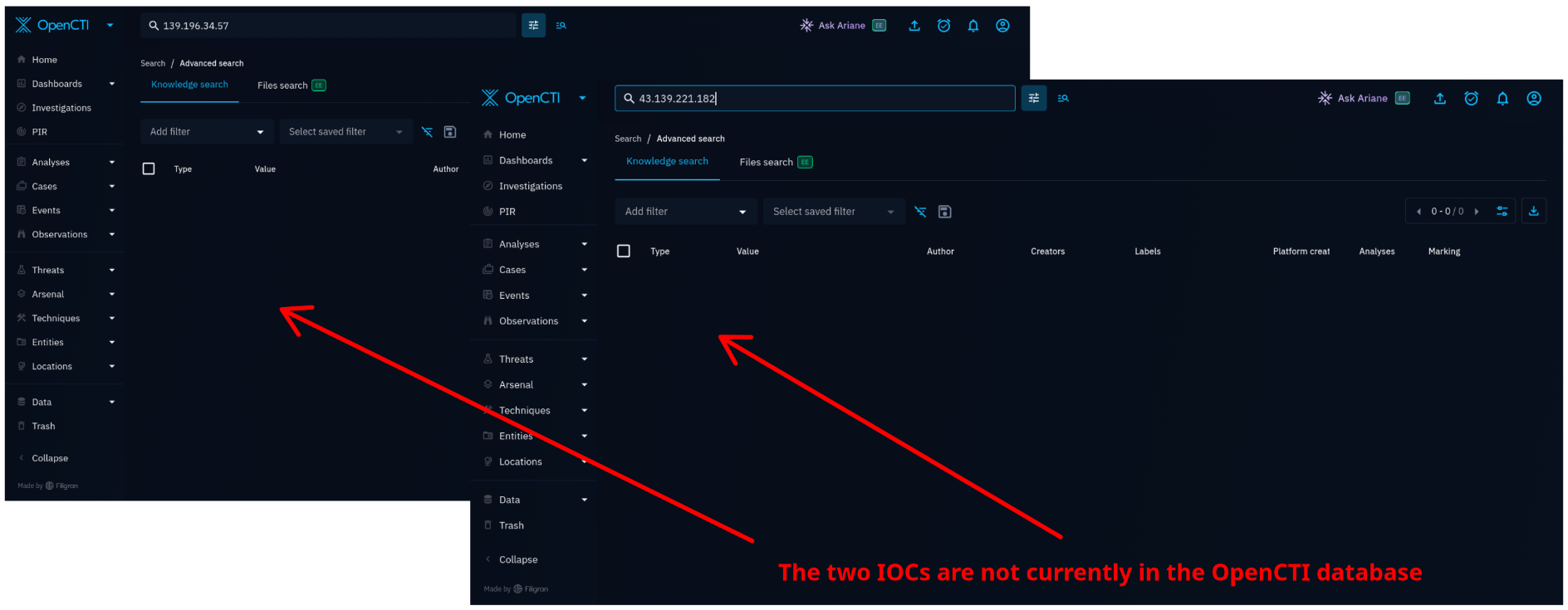Neither IOC is in OpenCTI
