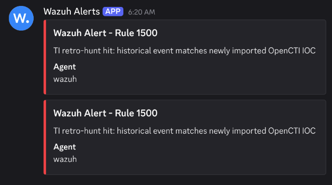 Discord: two Rule 1500 retro-hunt alerts at 6:20 AM