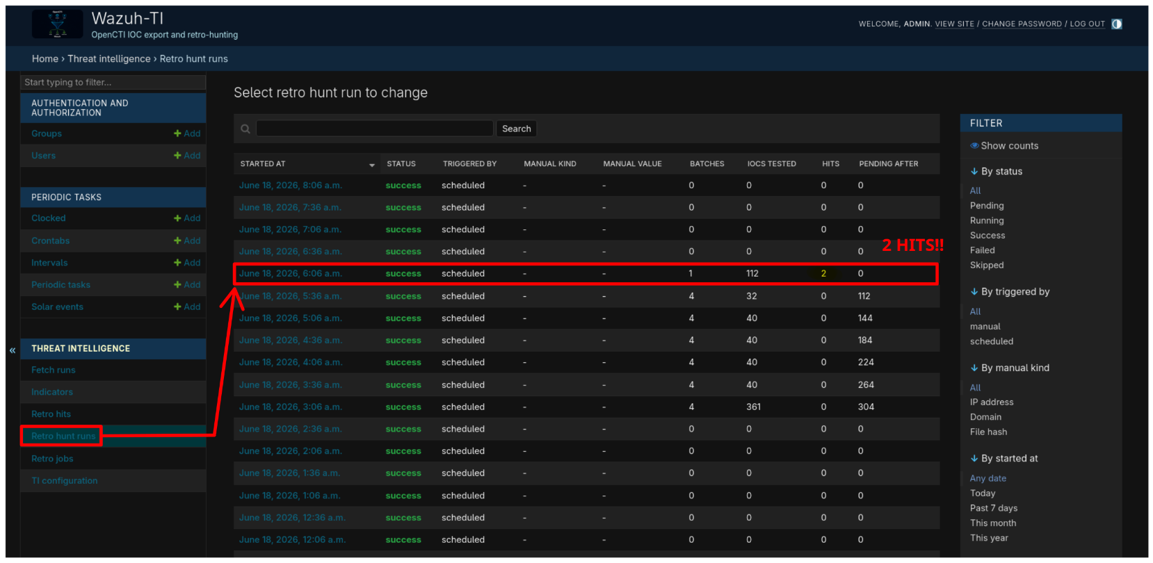 Retro hunt runs: the 6:00 AM run shows 2 hits across 112 IOCs tested